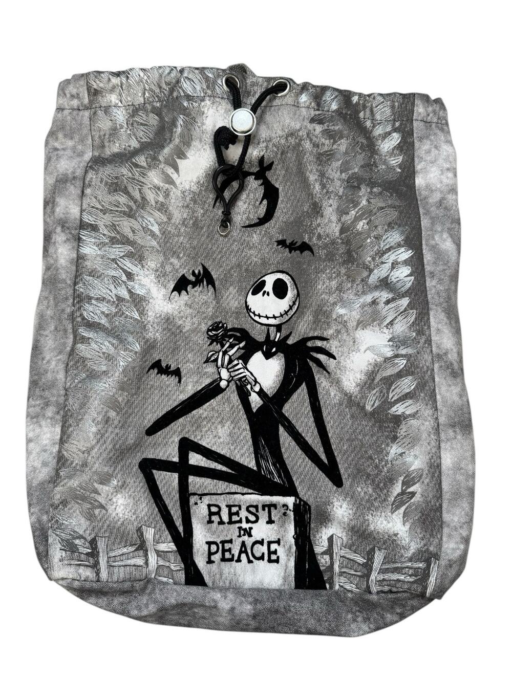 DISNEY PARKS Jack Skellington Gray Tie Dye Rest In Peace Drawstring Backpack